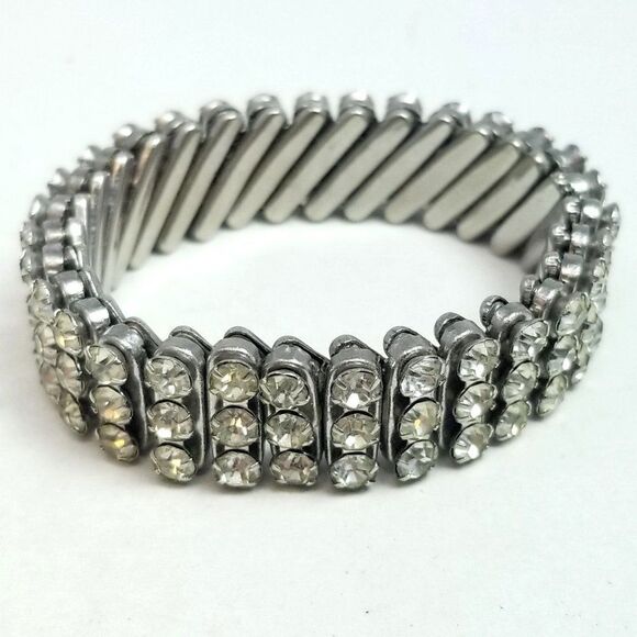 Vintage Three Row Rhinestone Stretch Bracelet Made in British Hong Kong, Estate - Picture 1 of 7